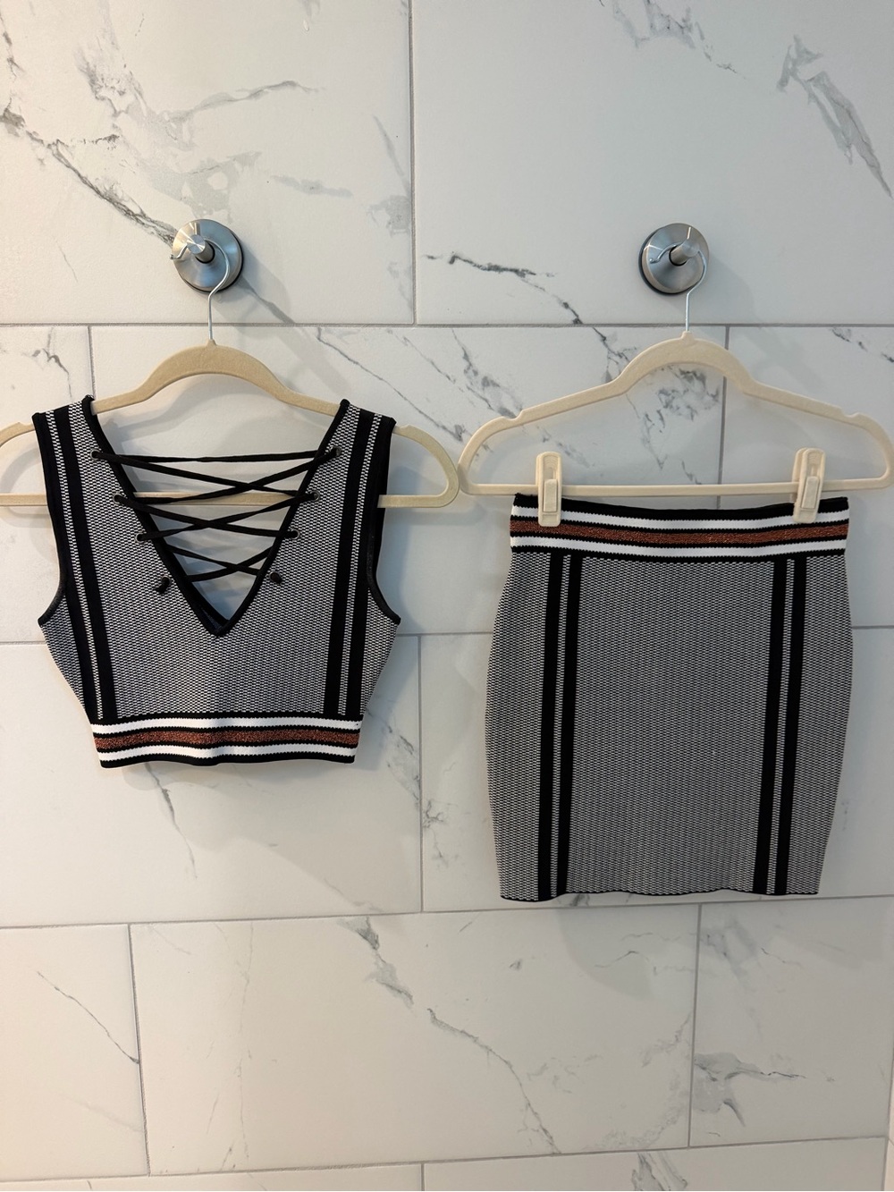 by the way. Gray Striped Knit Lace-Up Crop Top and Skirt Set